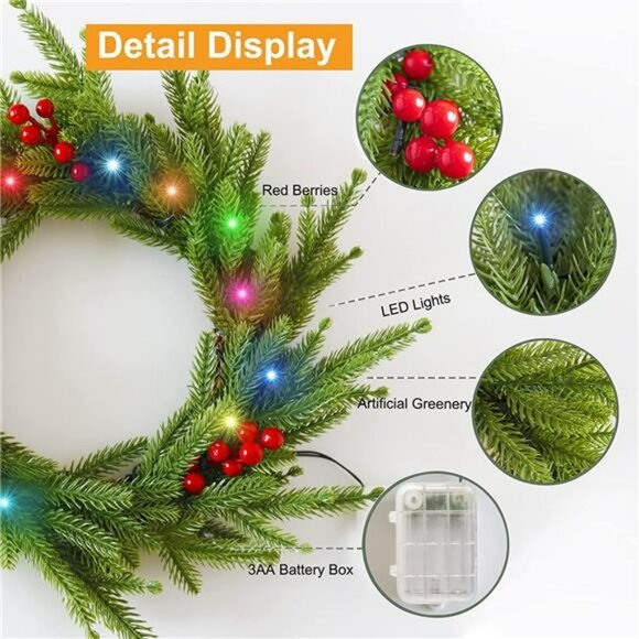 18 Colors Christmas Wreath, 13.4In Color Changing Winter Front Door Wreath - Picture 4 of 6